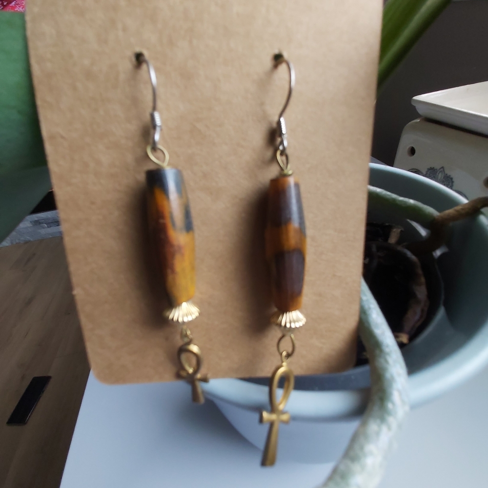 Wooden gold rone dangle with cross hanging earring; size: 3" long